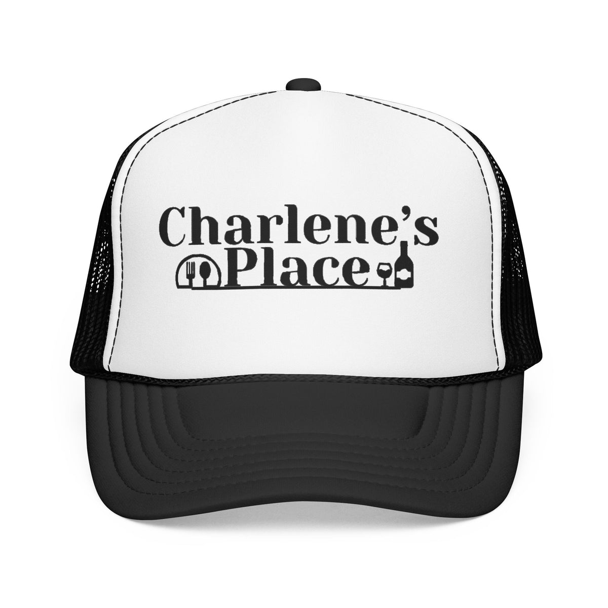 Charlene's Place Embroidered Foam Trucker Hat — Black Logo