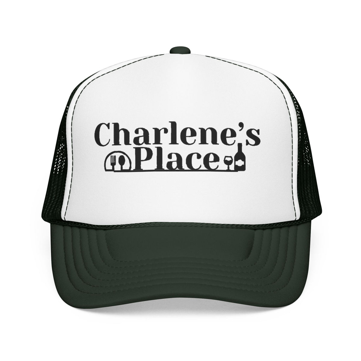 Charlene's Place Embroidered Foam Trucker Hat — Black Logo