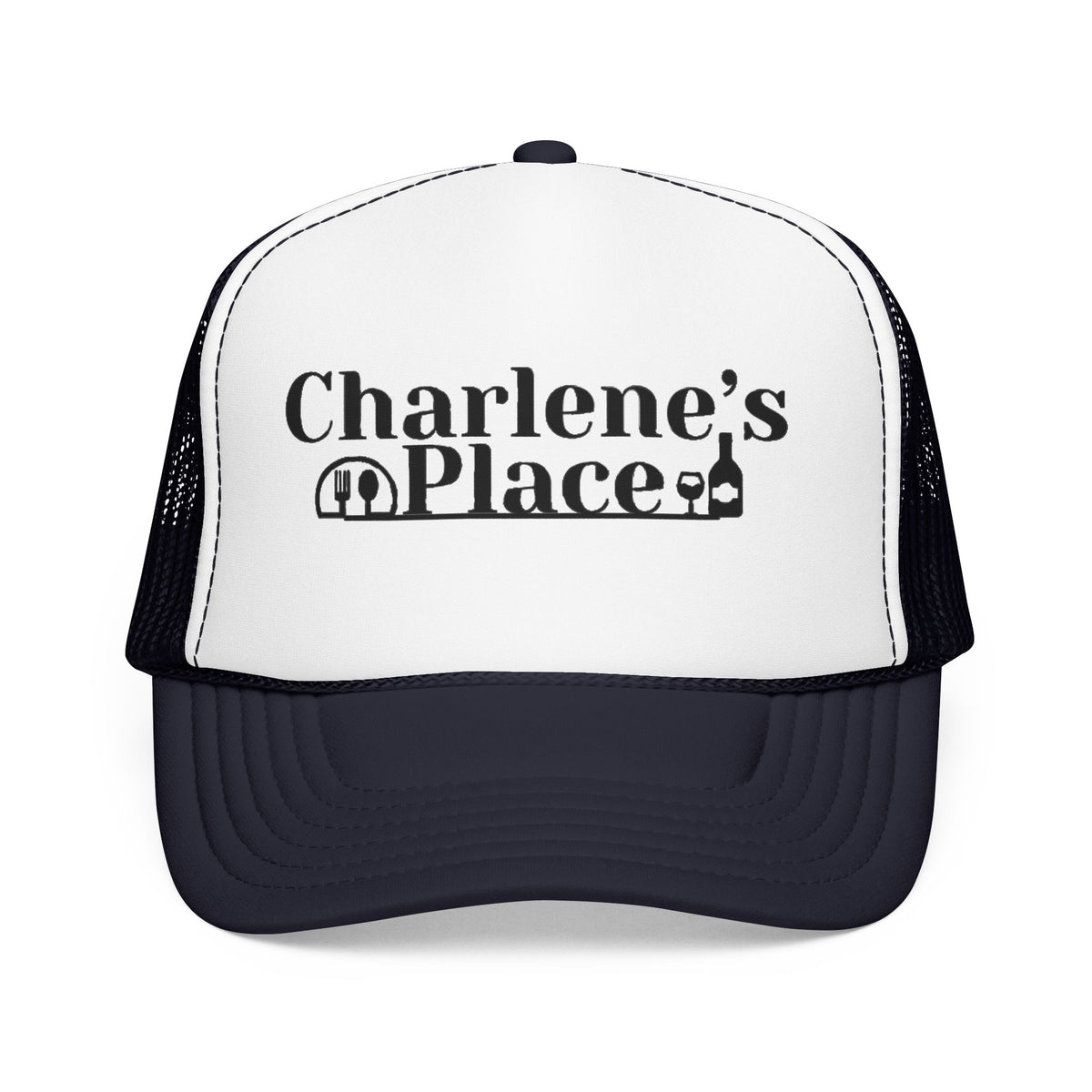 Charlene's Place Embroidered Foam Trucker Hat — Black Logo